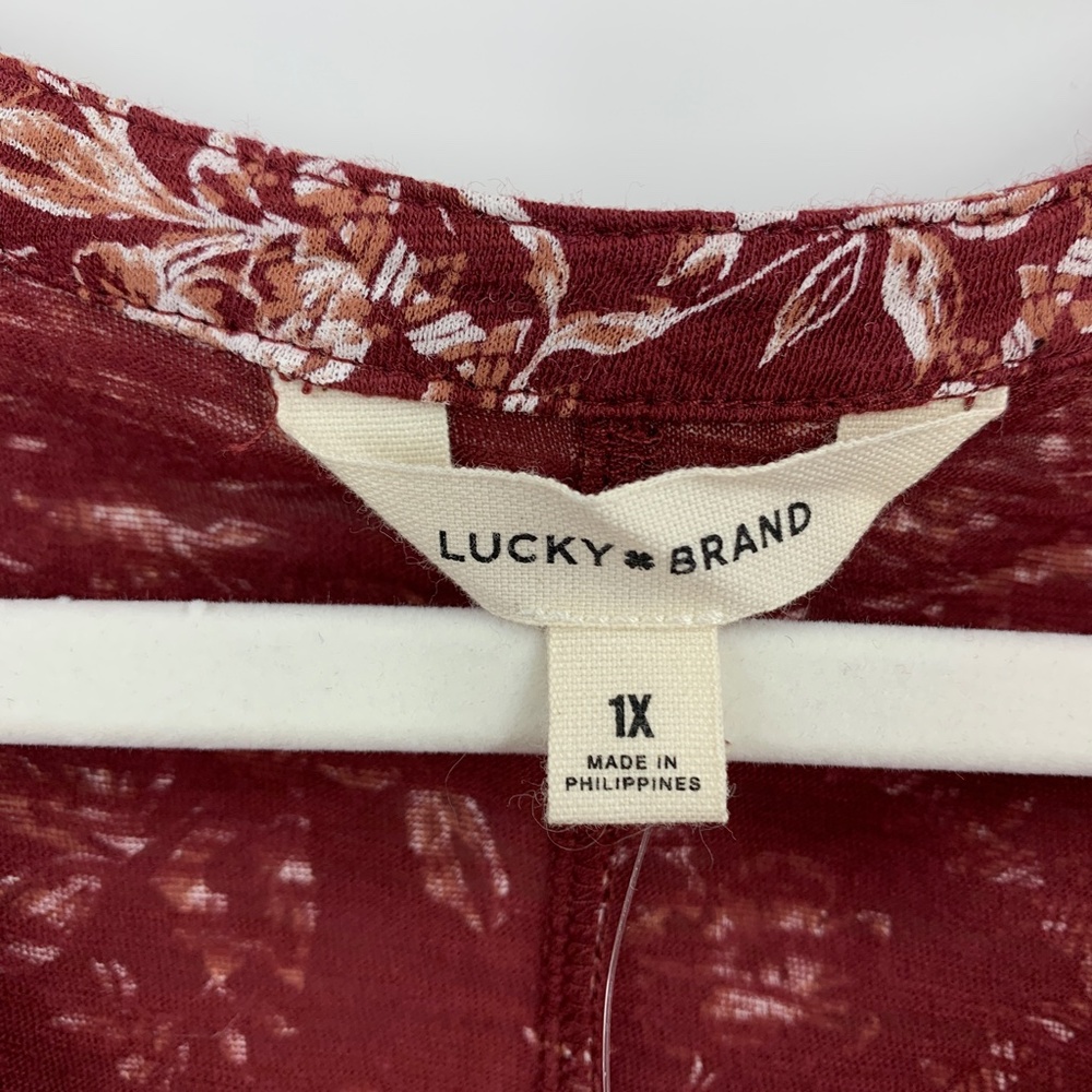 Lucky Brand Floral Border Print Boho Pop Over Top in Burgundy Sz 1X - Picture 6 of 10